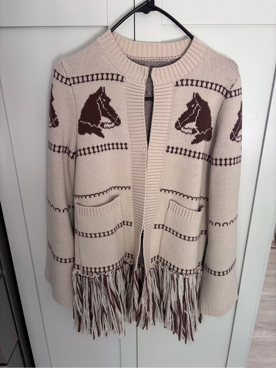 Commense Sweaters - Commense Cream and Brown Horse Motif Fringe Cardigan